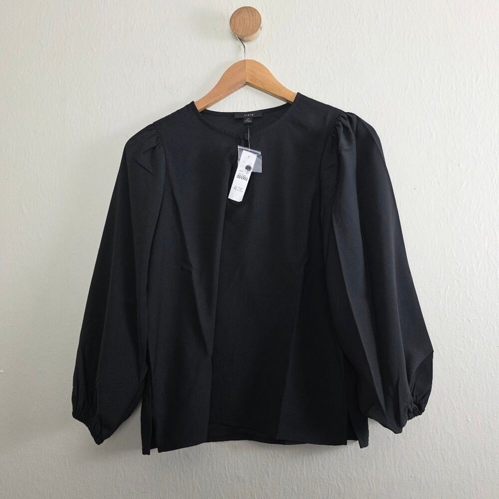 J. Crew Black Puff Sleeve Satin Back Crepe Blouse Top Size Small Petite SP NWT